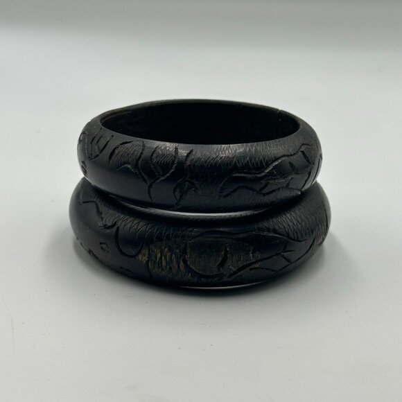 3/$30 Wood Bangle Bracelet Lot Carved Rhino Animal Design Dark Brown Wooden - Picture 3 of 11